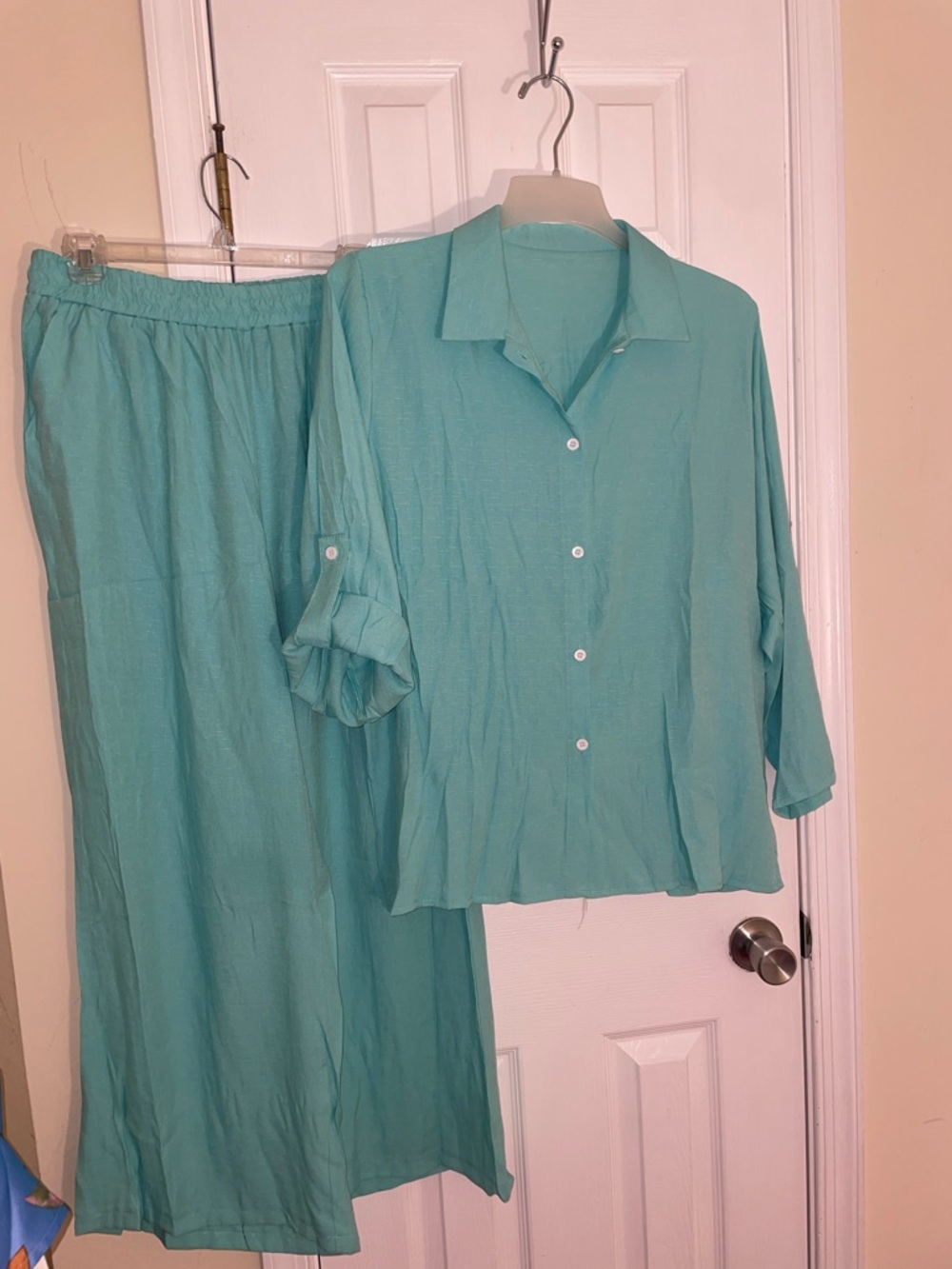 LinenTextured Polyester Open Pants Suit M